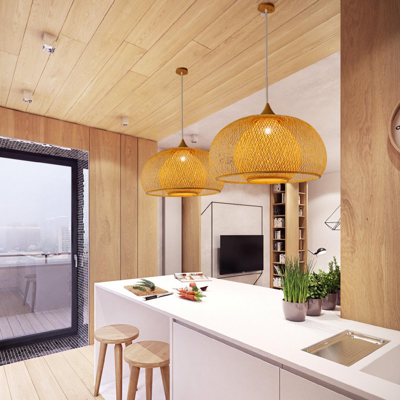 Bamboo Drum Hanging Ceiling Lights Woven Chandelier Lamp Shades