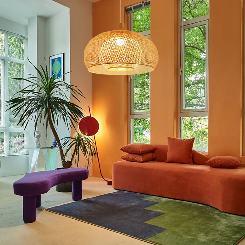 Bamboo Drum Hanging Ceiling Lights Woven Chandelier Lamp Shades