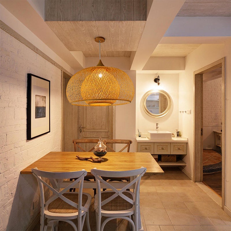 Bamboo Drum Hanging Ceiling Lights Woven Chandelier Lamp Shades