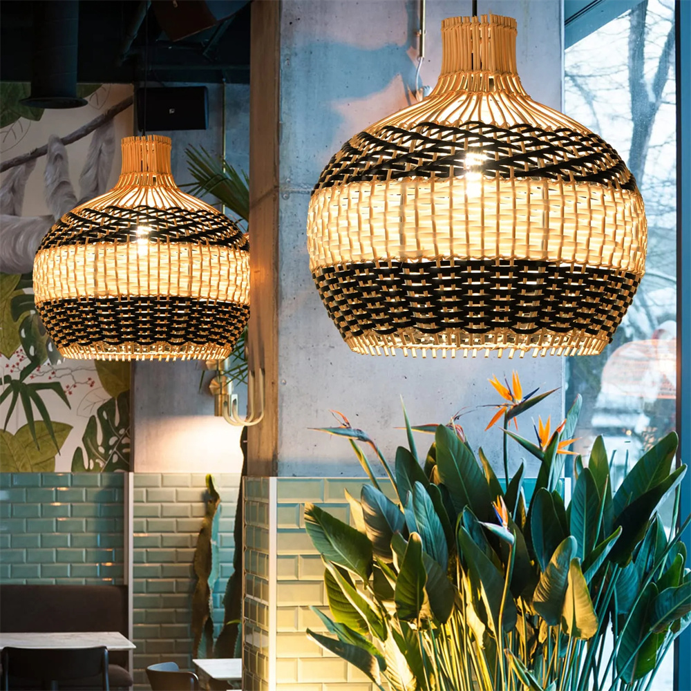 Japanese Hand-wove Rattan Pendant Light with Black and White Splicing Color for Living Room