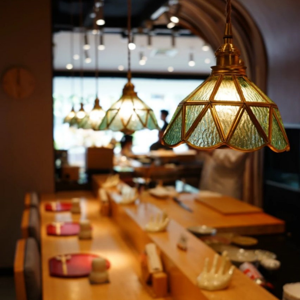 Vintage Stained Glass Brass Dining Room Pendant Light