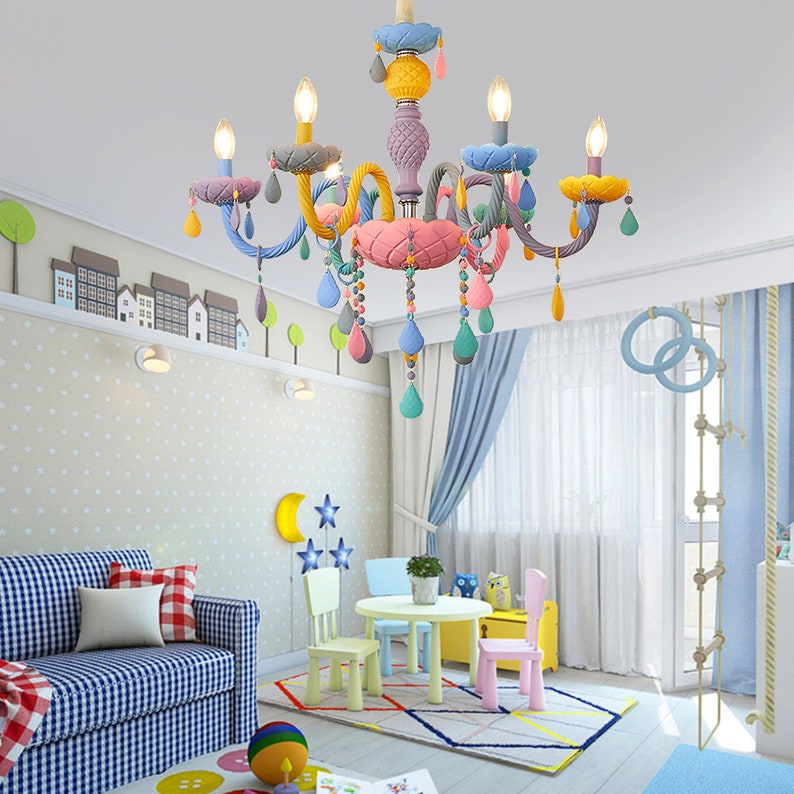 Macaron Crystal Chandelier European Candle Pendant Light Cartoon Princess Room