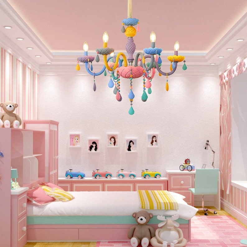 Macaron Crystal Chandelier European Candle Pendant Light Cartoon Princess Room