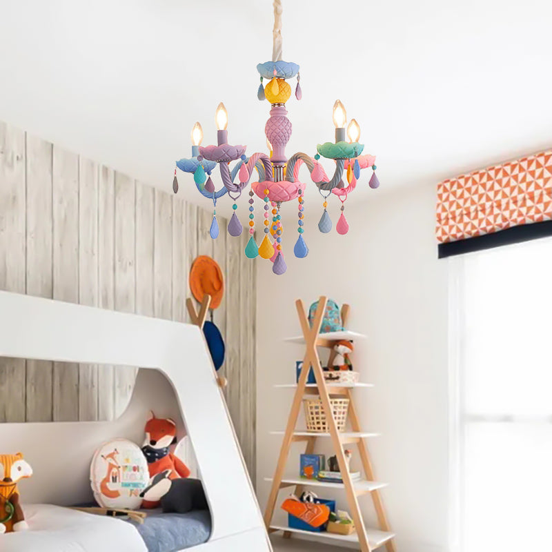 Macaron Crystal Chandelier European Candle Pendant Light Cartoon Princess Room