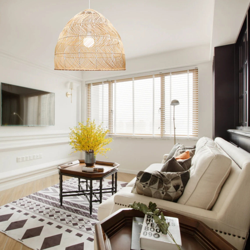 Rattan Cloche Pendant Lighting Fixture Boho Style