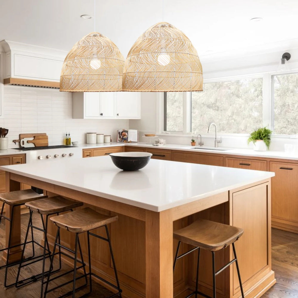 Rattan Cloche Pendant Lighting Fixture Boho Style