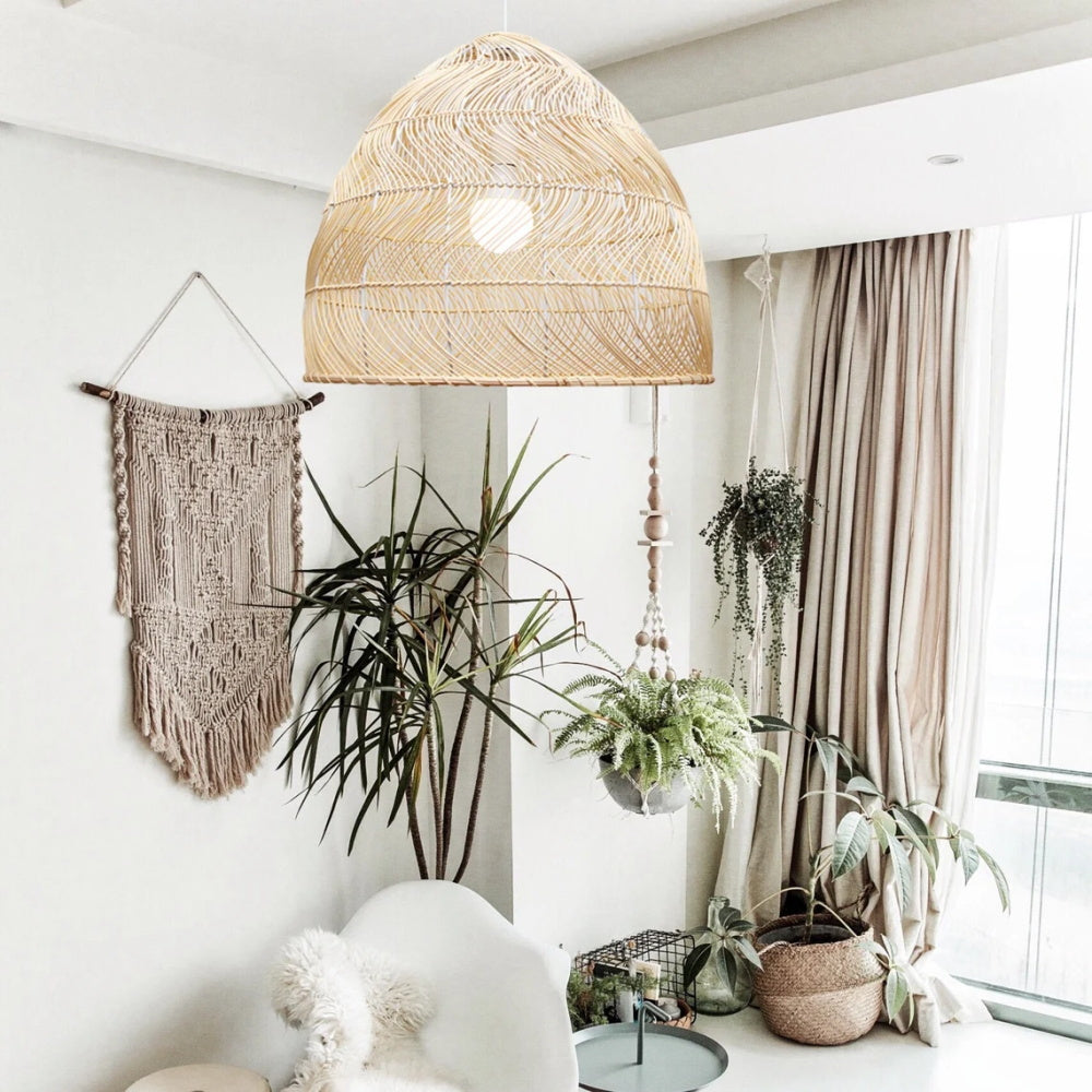 Rattan Cloche Pendant Lighting Fixture Boho Style