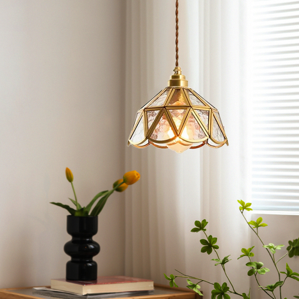 Vintage Stained Glass Brass Dining Room Pendant Light