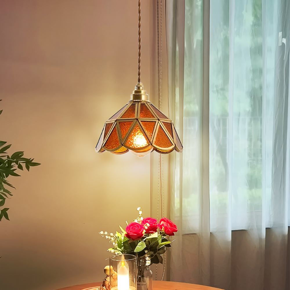 Vintage Stained Glass Brass Dining Room Pendant Light