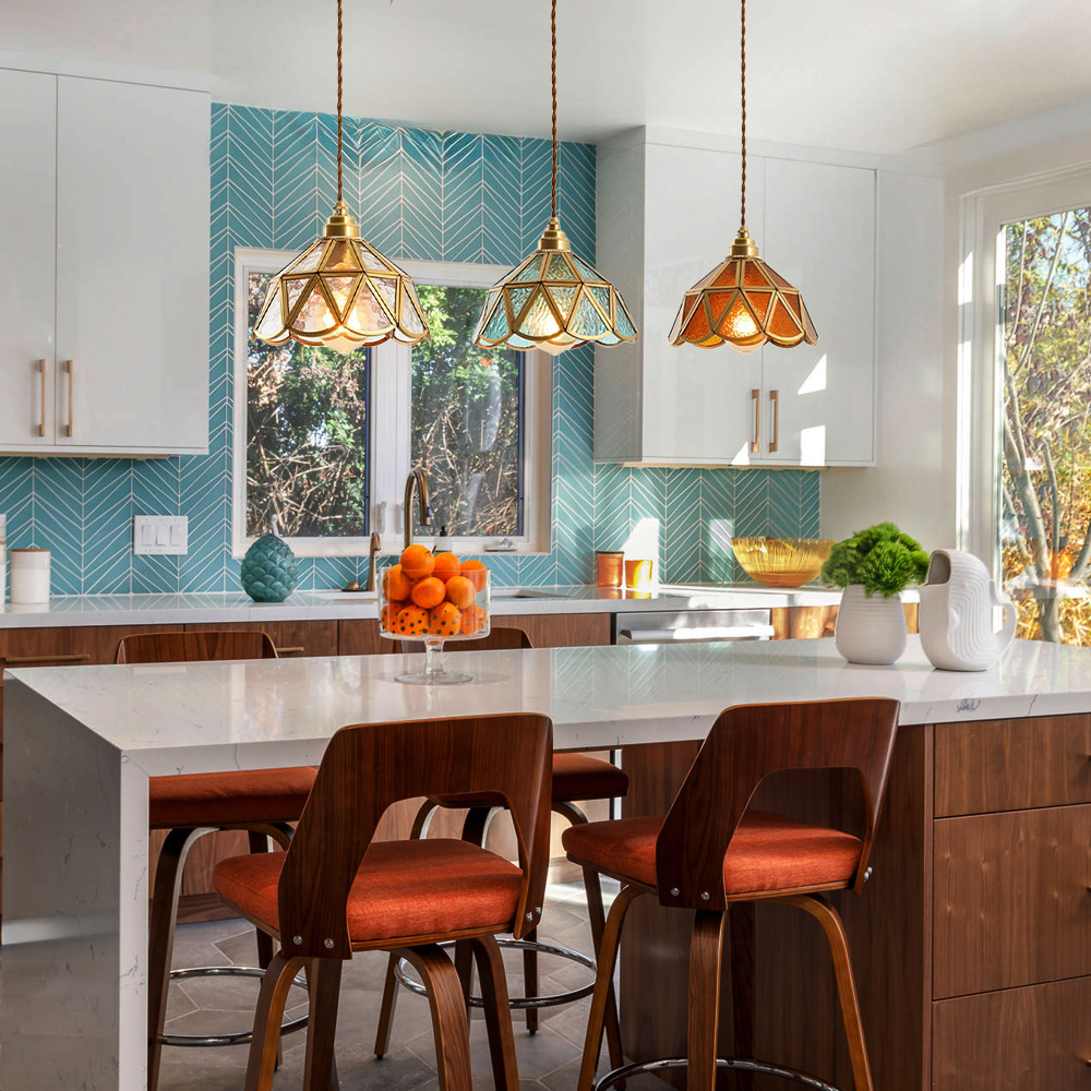 Vintage Stained Glass Brass Dining Room Pendant Light