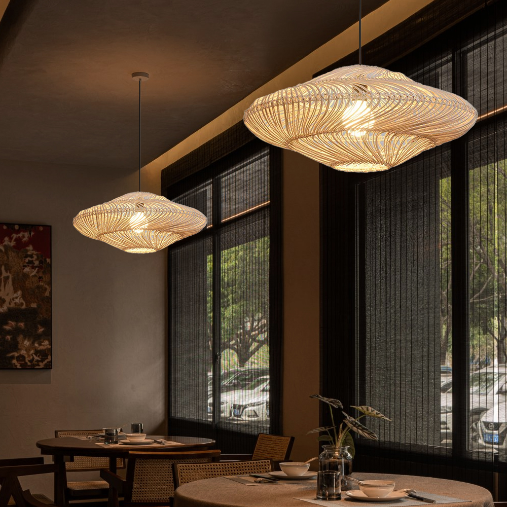 Wabi-sabi Rattan Flying Saucer Shaped Chandelier Dining Room Lampshade