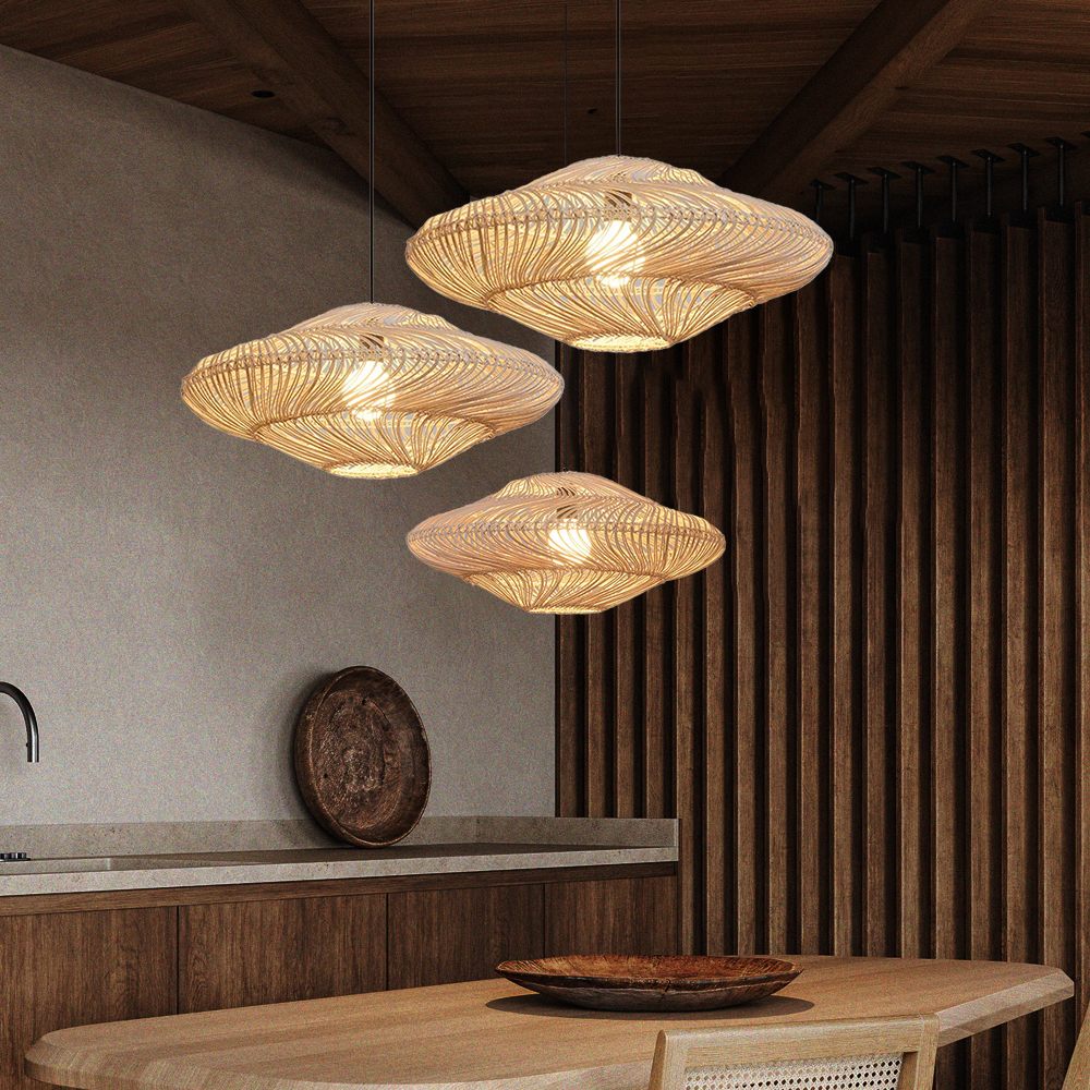 Wabi-sabi Rattan Flying Saucer Shaped Chandelier Dining Room Lampshade