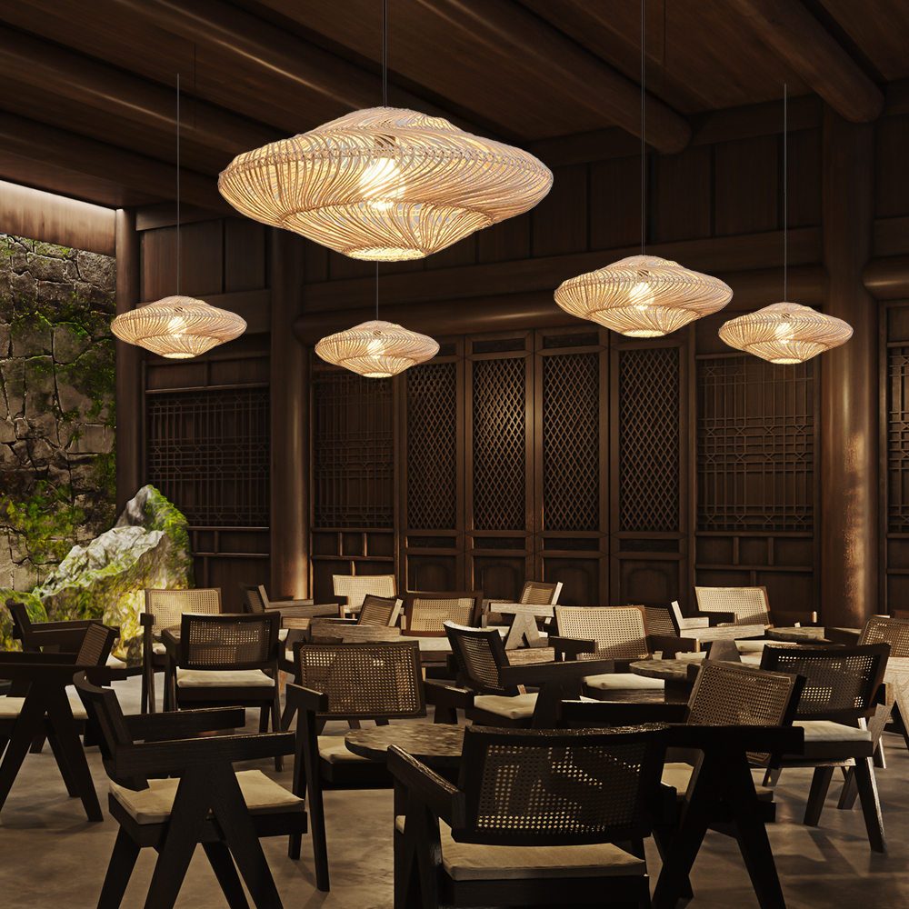 Wabi-sabi Rattan Flying Saucer Shaped Chandelier Dining Room Lampshade