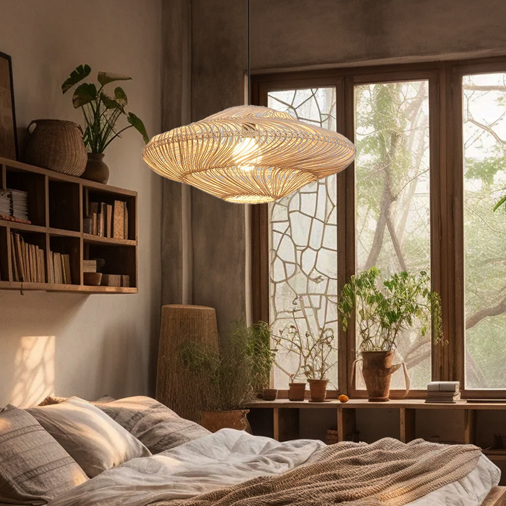 Wabi-sabi Rattan Flying Saucer Shaped Chandelier Dining Room Lampshade