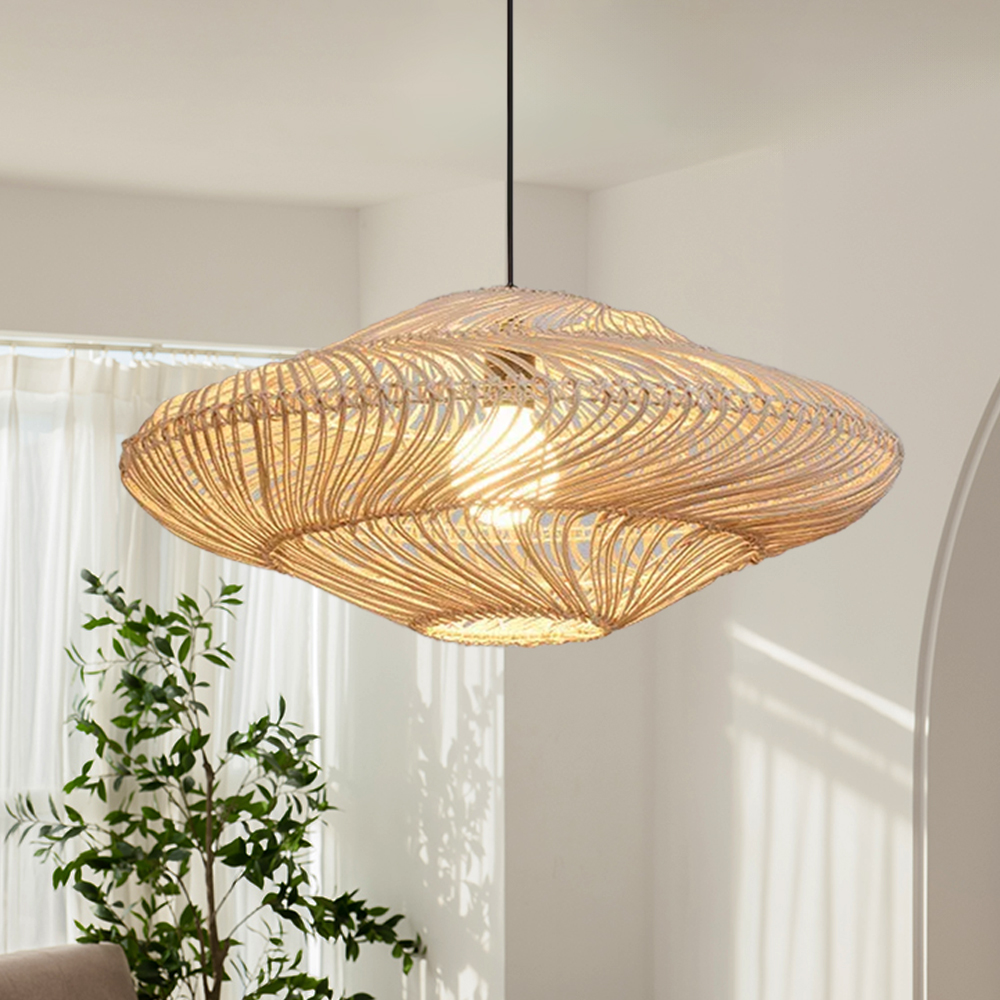 Wabi-sabi Rattan Flying Saucer Shaped Chandelier Dining Room Lampshade