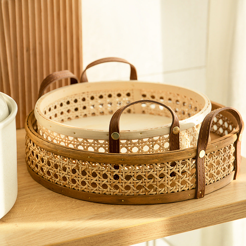 Nordic Rattan Round Tray Leather Handle