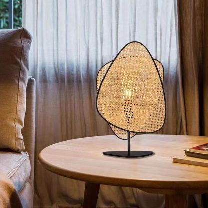 Metal Table Light Linear Shape Table Lamp with Rattan Shade for Bedroom
