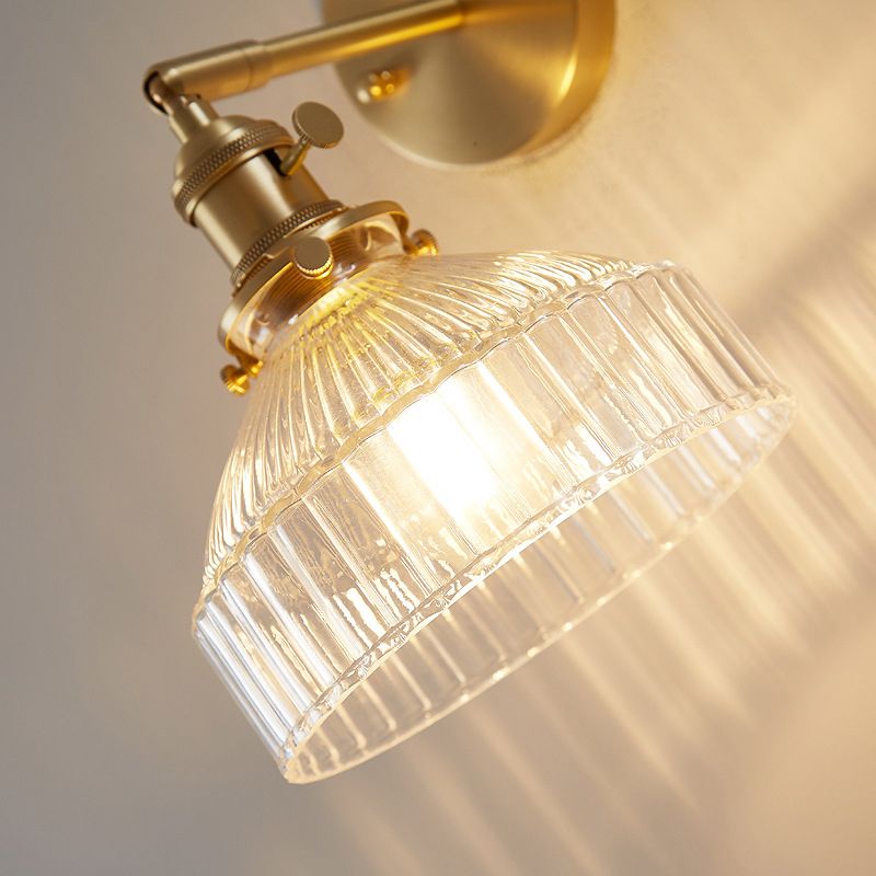 Ribbed Glass Wall Light Sconce in Gold Finish for Bedroom