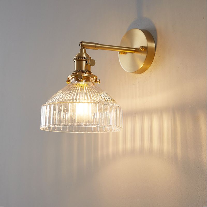 Ribbed Glass Wall Light Sconce in Gold Finish for Bedroom