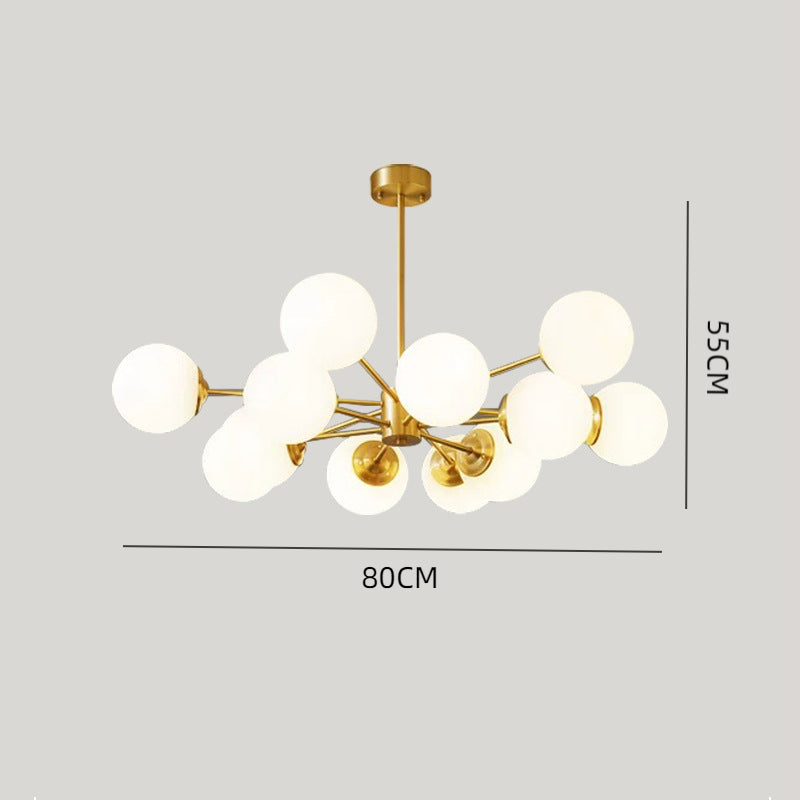 12-Light Golden Molecular Shaped Chandelier Lamp White Glass Ball Shade