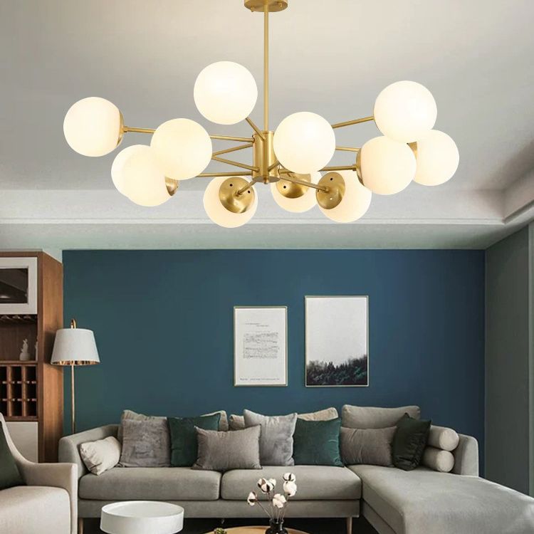 12-Light Golden Molecular Shaped Chandelier Lamp White Glass Ball Shade