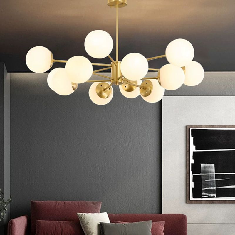 12-Light Golden Molecular Shaped Chandelier Lamp White Glass Ball Shade
