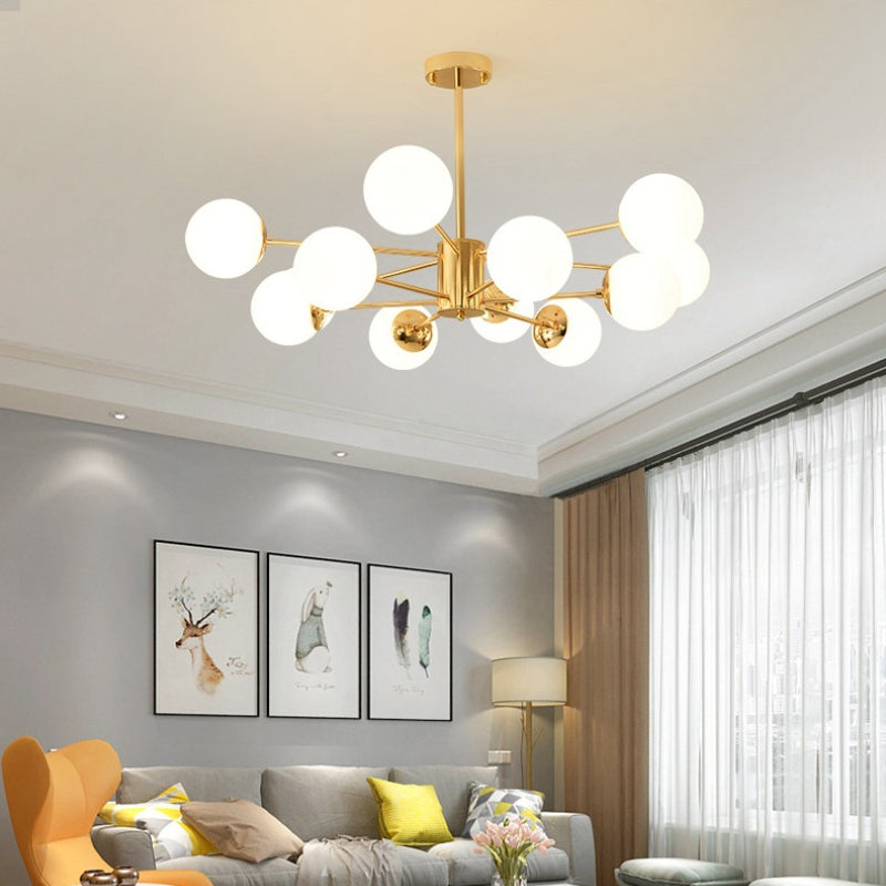 12-Light Golden Molecular Shaped Chandelier Lamp White Glass Ball Shade