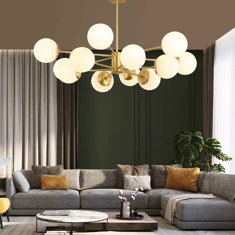 12-Light Golden Molecular Shaped Chandelier Lamp White Glass Ball Shade