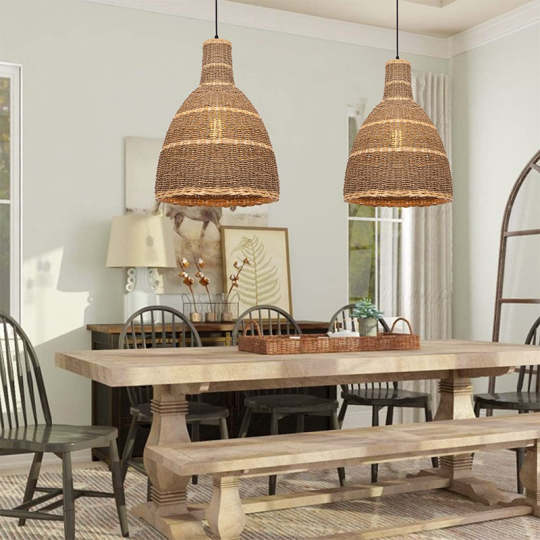 Lamppo Pendant Lampshade Bell Rattan Woven Pendant Light Kitchen Island