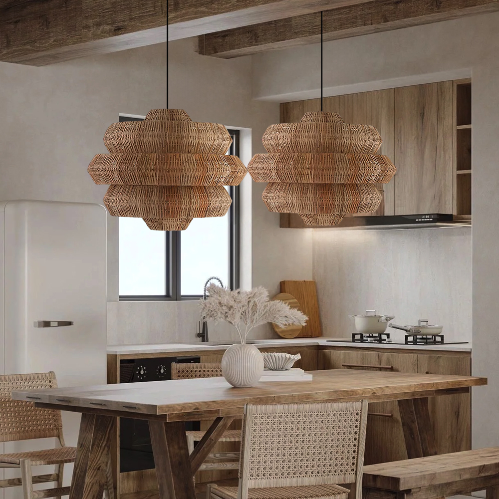 Japanese Style Rattan Multi-Tiered Honeycomb-Shaped Pendant Lights