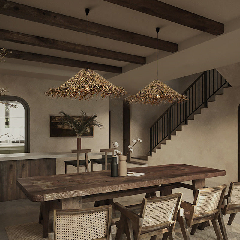 Rattan Tassell Straw Hat Pendant Lights