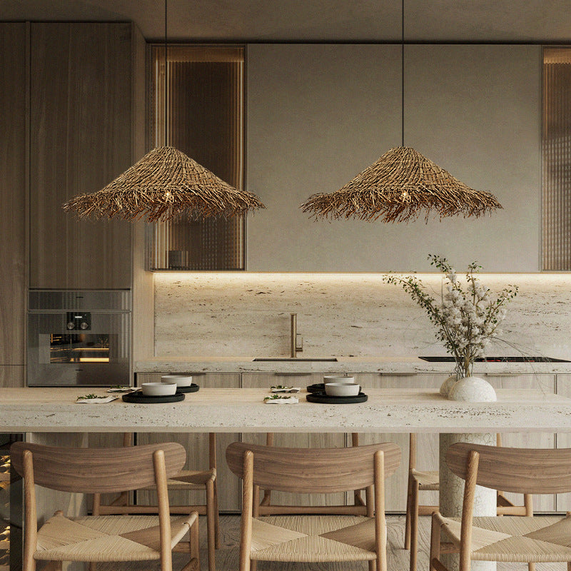 Rattan Tassell Straw Hat Pendant Lights