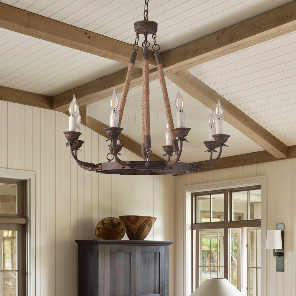 Candle Rustic Hemp Rope & Metal 8-Light Chandelier