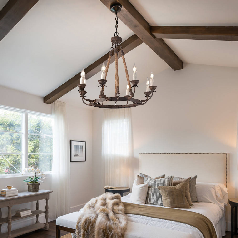 Candle Rustic Hemp Rope & Metal 8-Light Chandelier