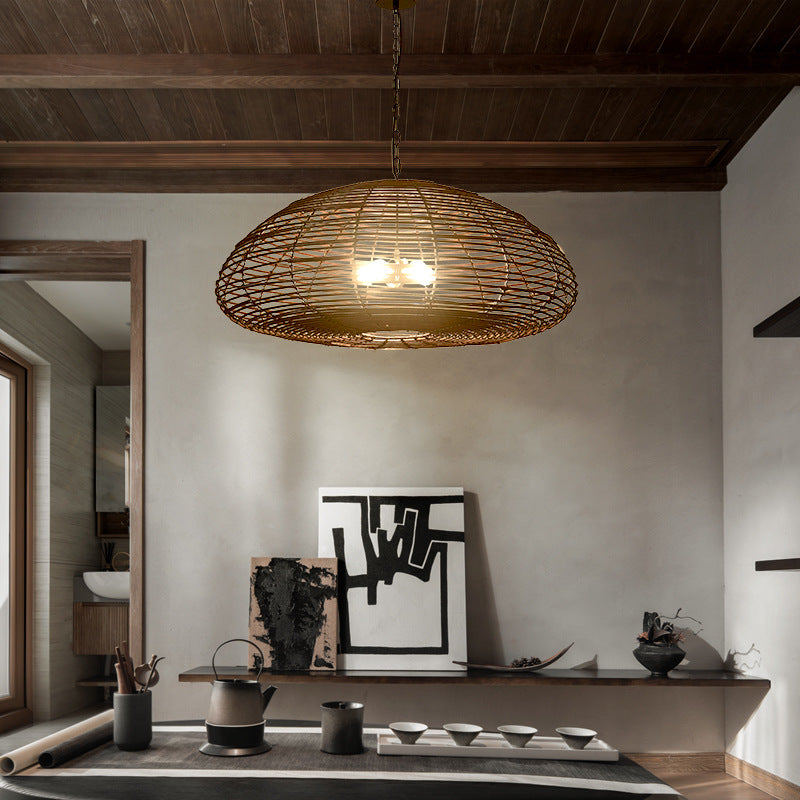 Dark Brown Rattan Pendant Light Farmhouse Kitchen Lampshade