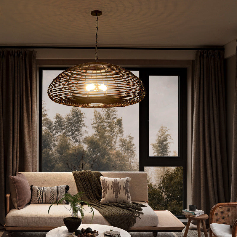 Dark Brown Rattan Pendant Light Farmhouse Kitchen Lampshade