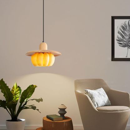 Modern Wood Pendant Light with Yellow Resin Shade