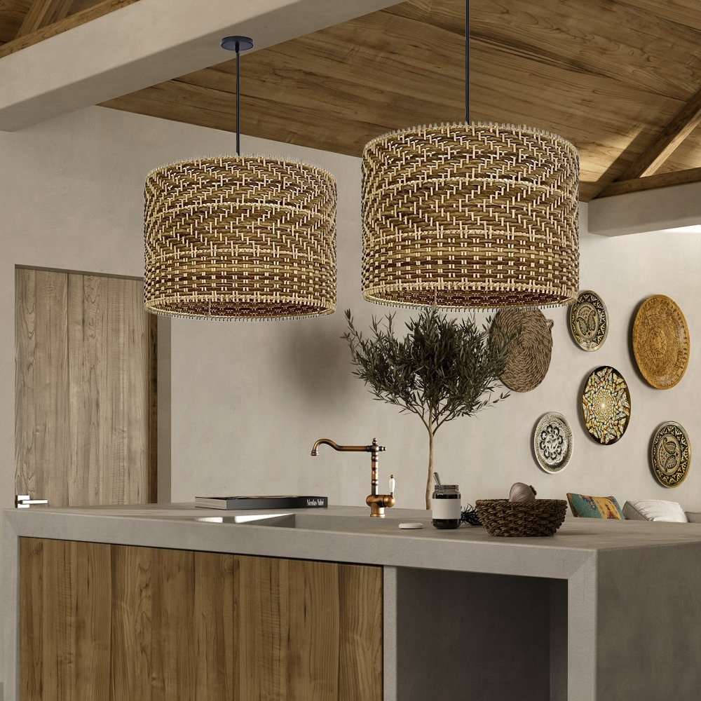 Montecito Drum Shape Rattan Pendant Light for Kitchen Islands
