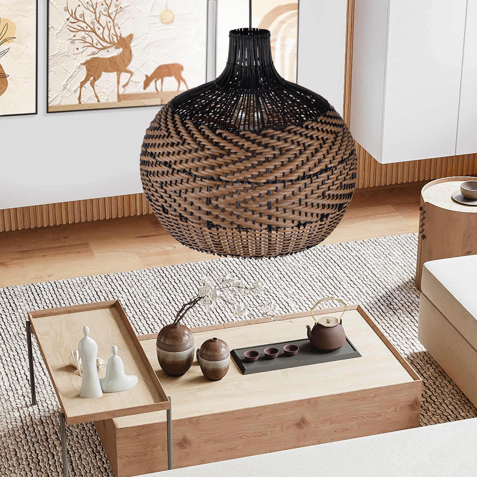 Dark Color Black Brown Stripes Rattan Pendant Shade