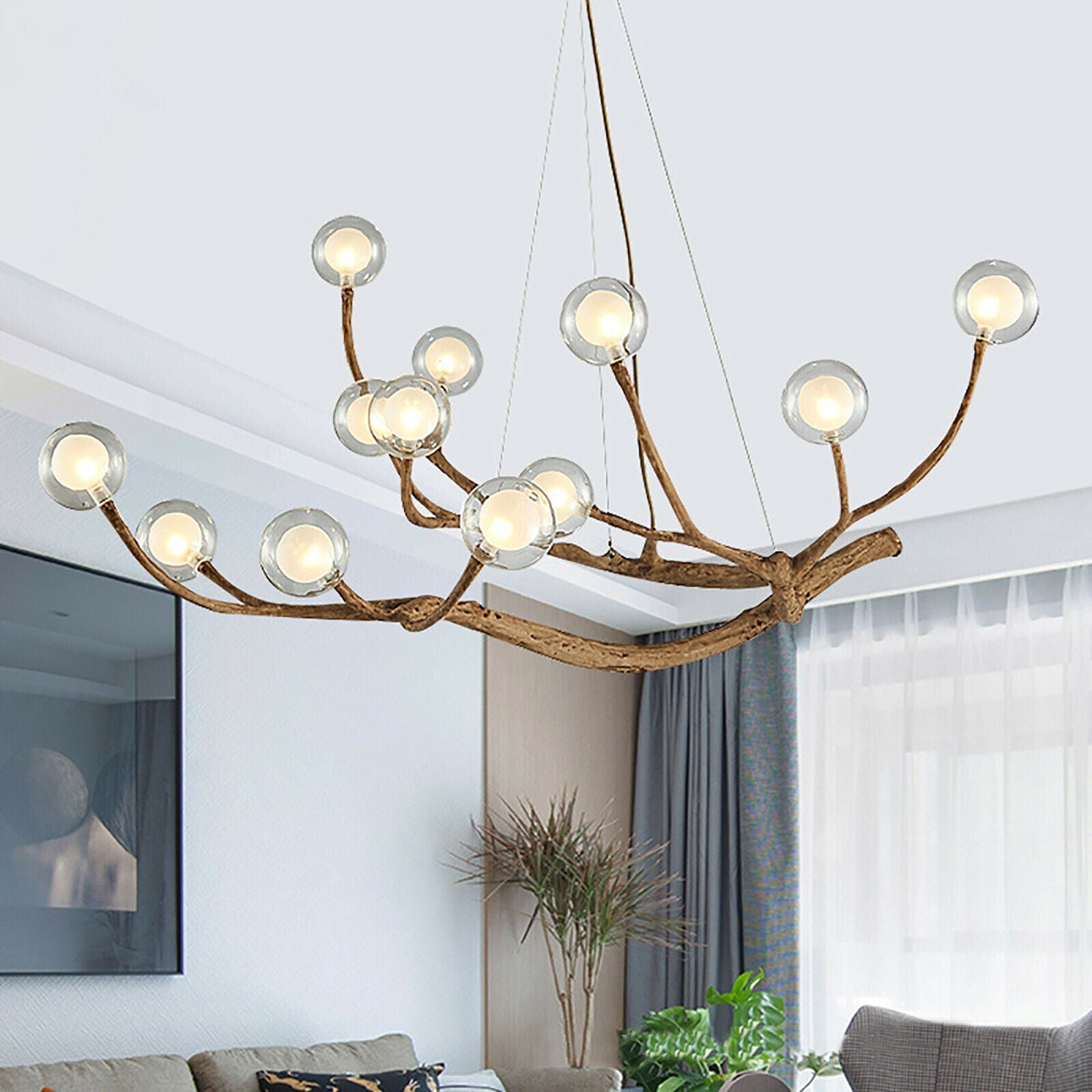 Nordic Rustic Tree Branch Hanging Chandelier with Bubble Glass lighting