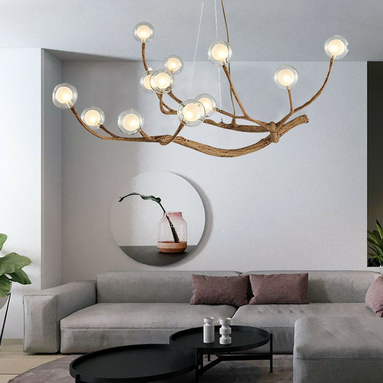Nordic Rustic Tree Branch Hanging Chandelier with Bubble Glass lighting