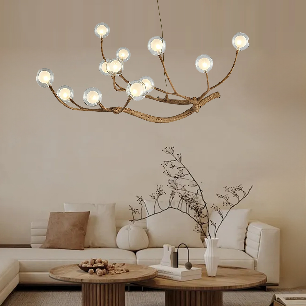 Nordic Rustic Tree Branch Hanging Chandelier with Bubble Glass lighting