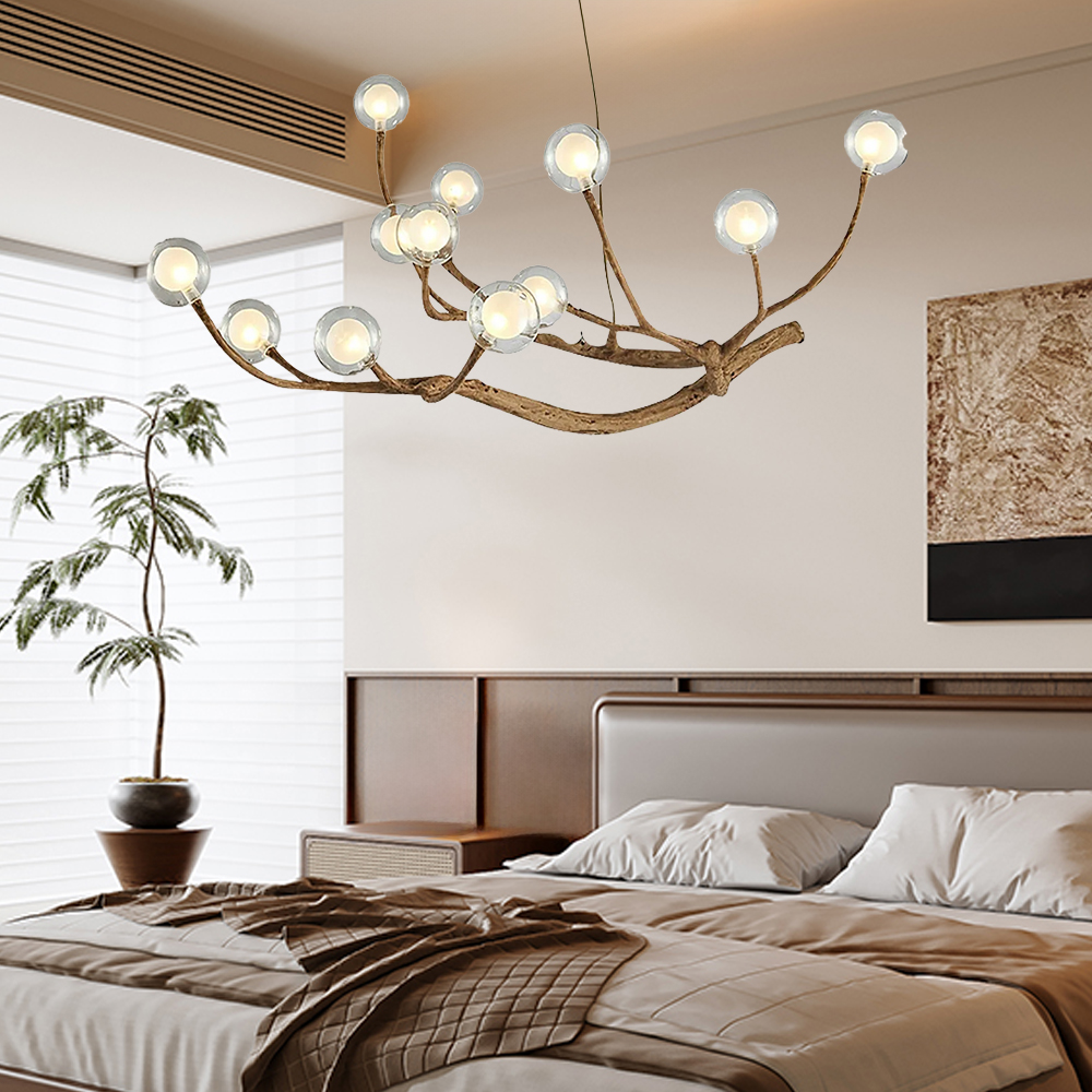 Nordic Rustic Tree Branch Hanging Chandelier with Bubble Glass lighting