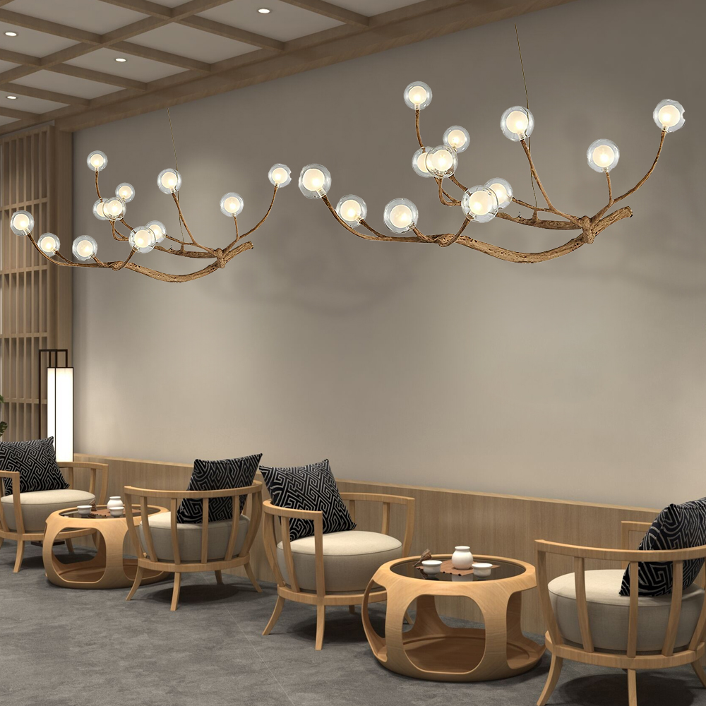 Nordic Rustic Tree Branch Hanging Chandelier with Bubble Glass lighting