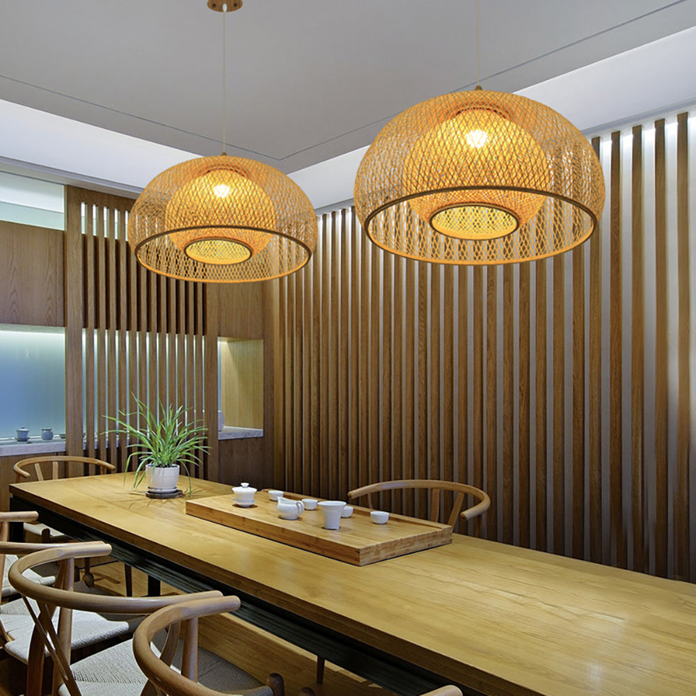 Bamboo Drum Hanging Ceiling Lights Woven Chandelier Lamp Shades