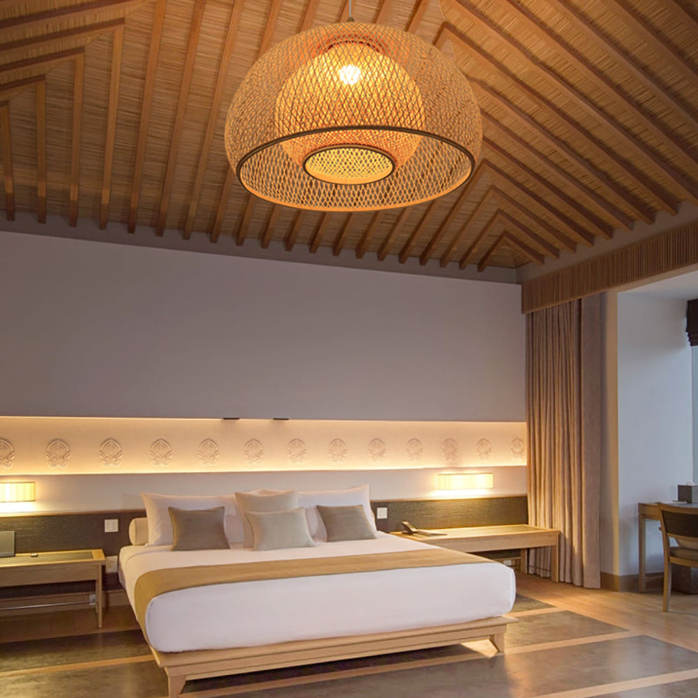 Bamboo Drum Hanging Ceiling Lights Woven Chandelier Lamp Shades