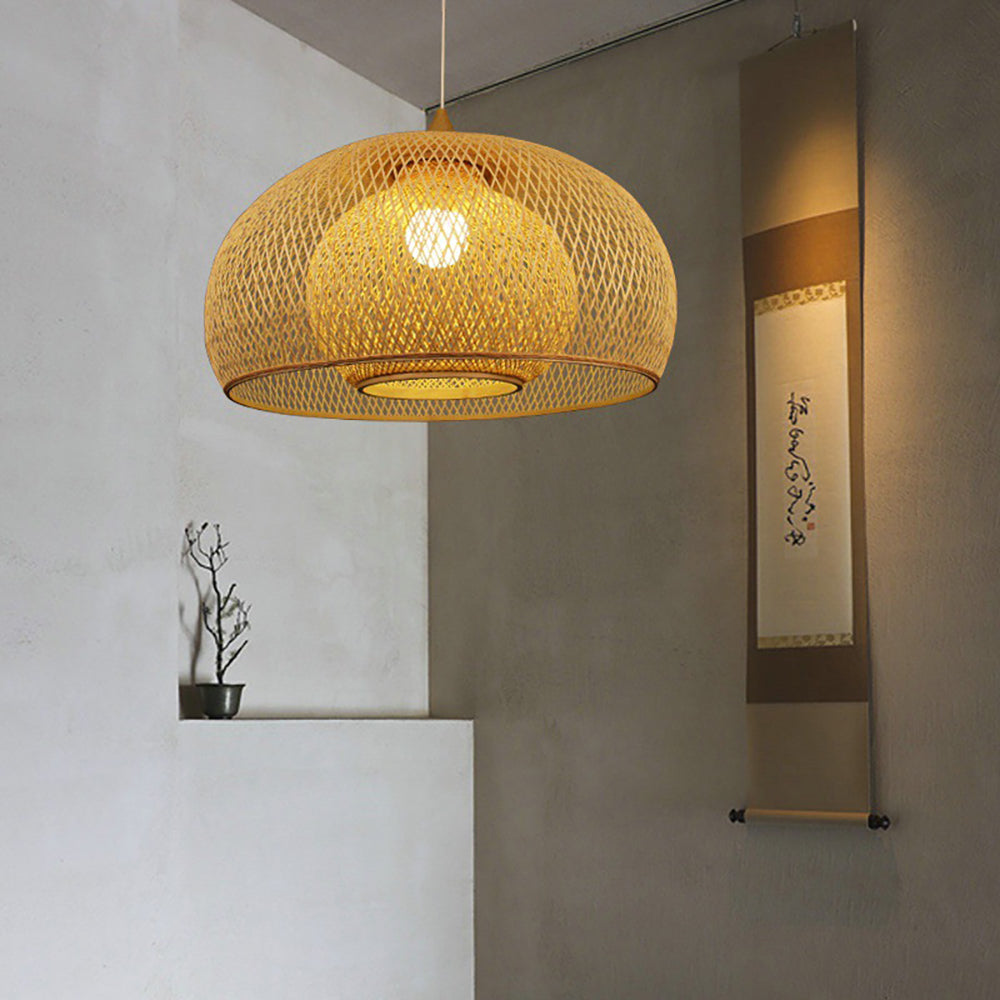 Bamboo Drum Hanging Ceiling Lights Woven Chandelier Lamp Shades