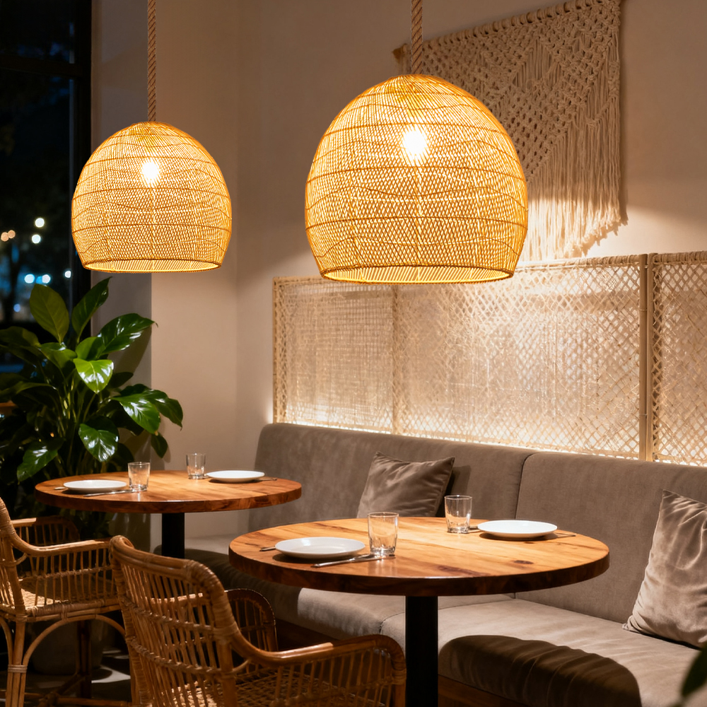 Boho Style Natural Hand-Woven Rattan Dome Pendant Light for Dining Room