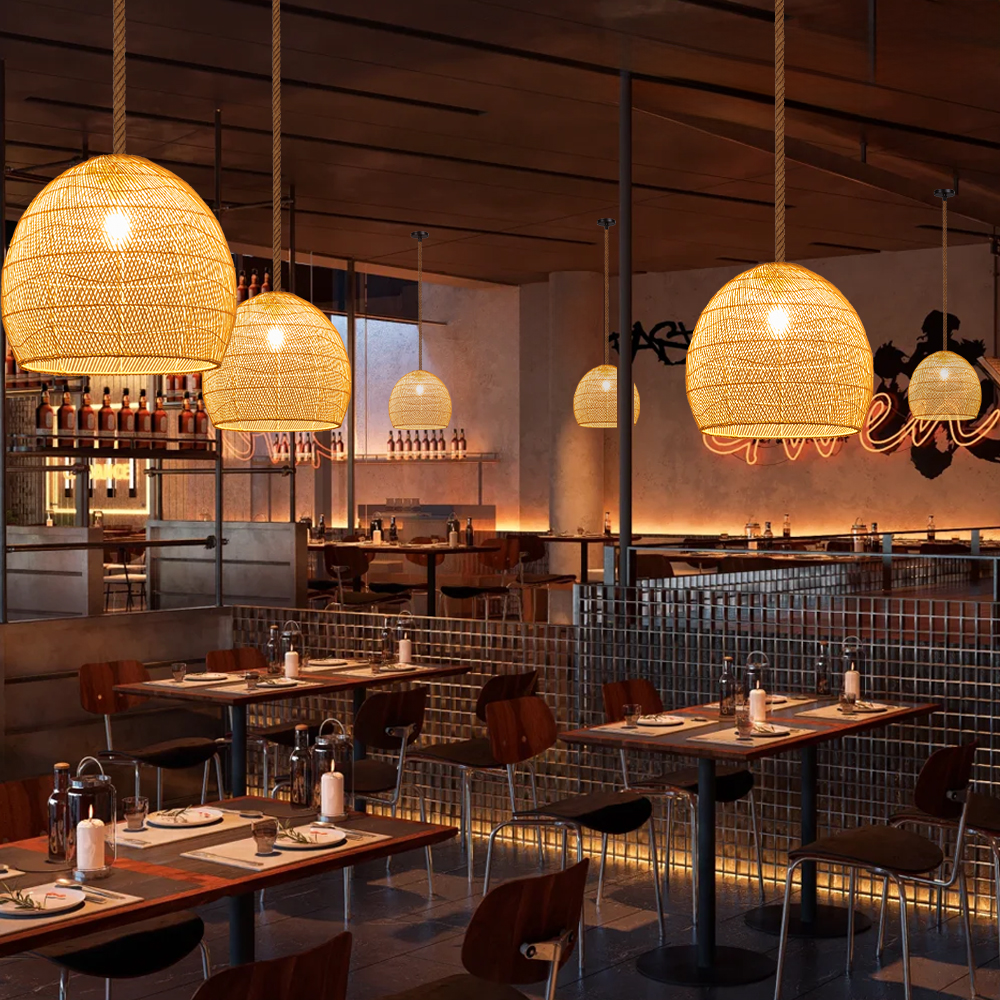 Boho Style Natural Hand-Woven Rattan Dome Pendant Light for Dining Room