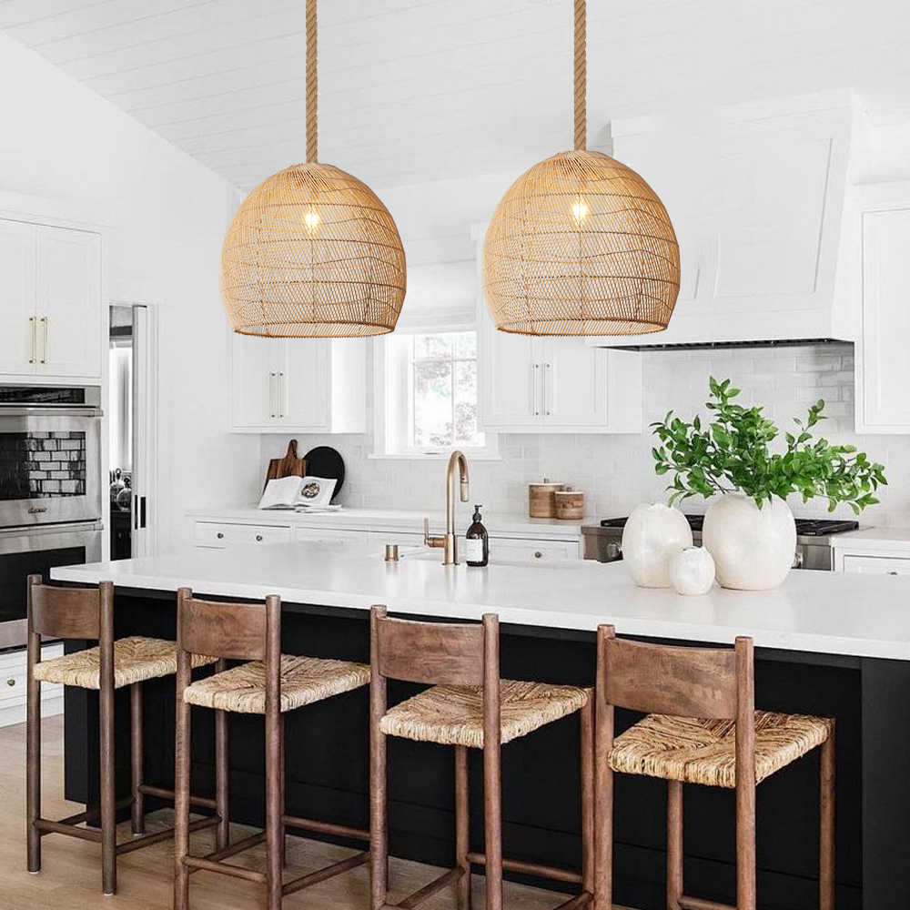 Boho Style Natural Hand-Woven Rattan Dome Pendant Light for Dining Room